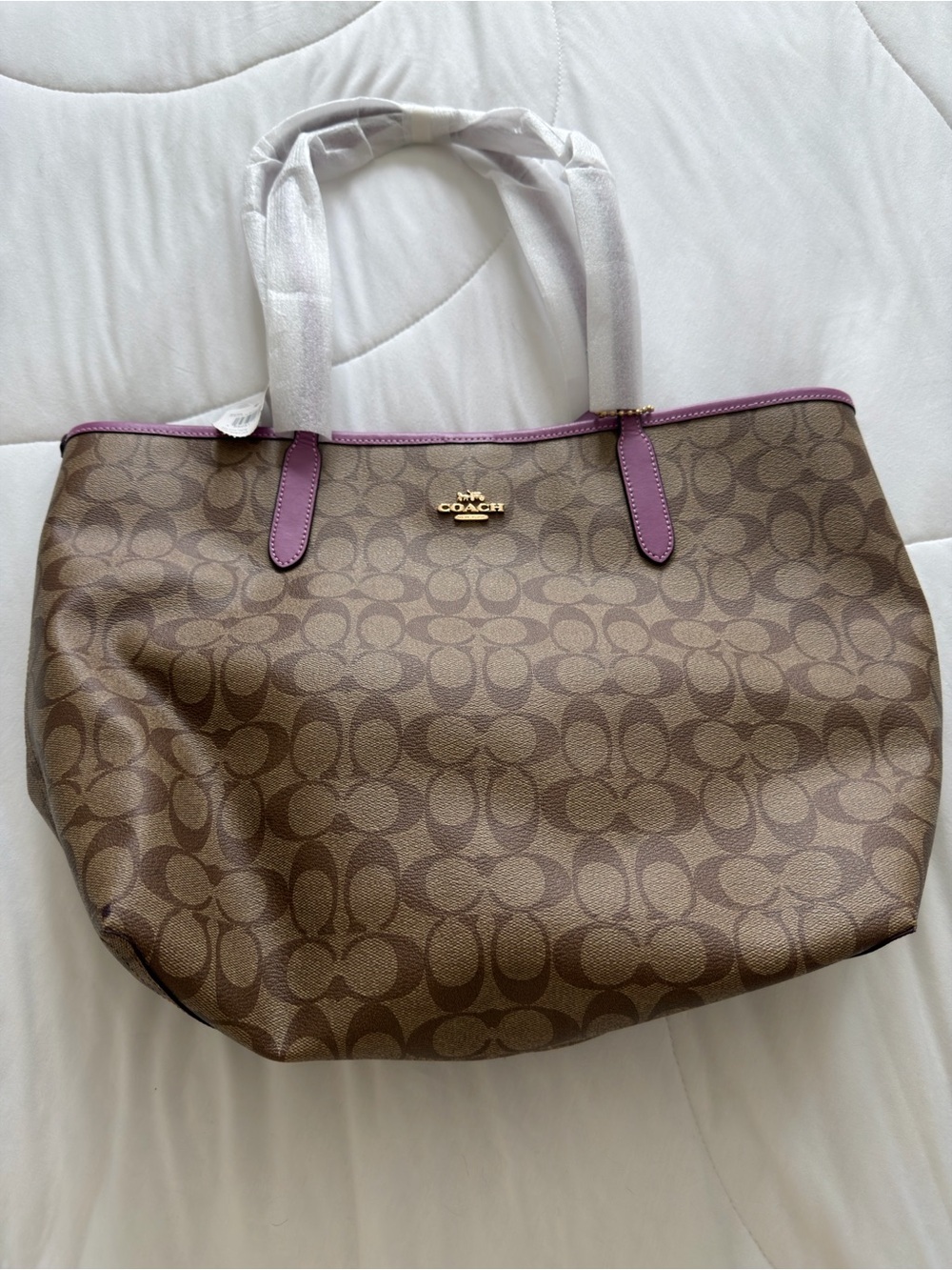 Coach City Brown Signature Tote with Pink Trim
